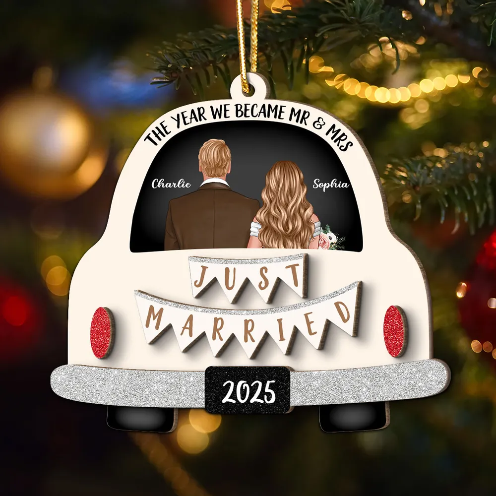 Custom 2-Layer Wooden Ornament 'Just Married' Gift for Couples - Image 7