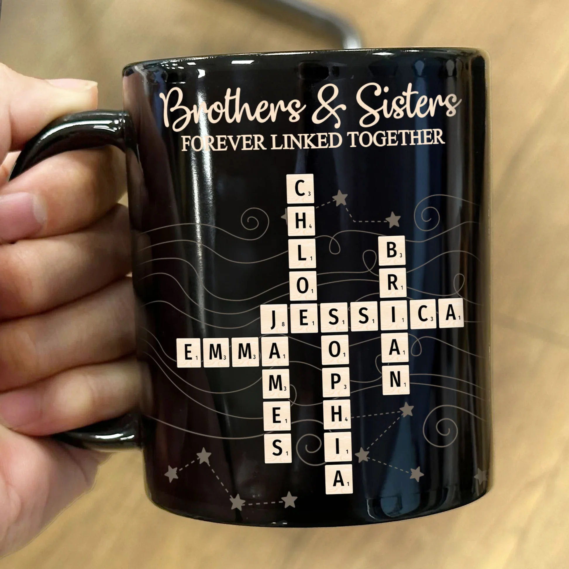 Full Color Mug with Brothers & Sisters Crossword Theme, High Clarity, Fun and Sentimental Gift for Family - Image 2