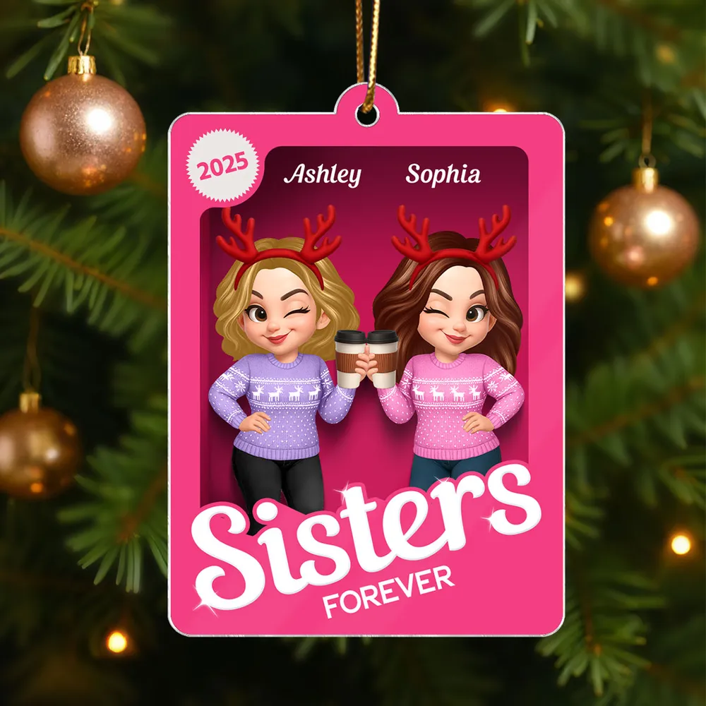 Christmas Besties Forever Pink 3D Effect Action Figure Personalized Acrylic Ornament - Image 2