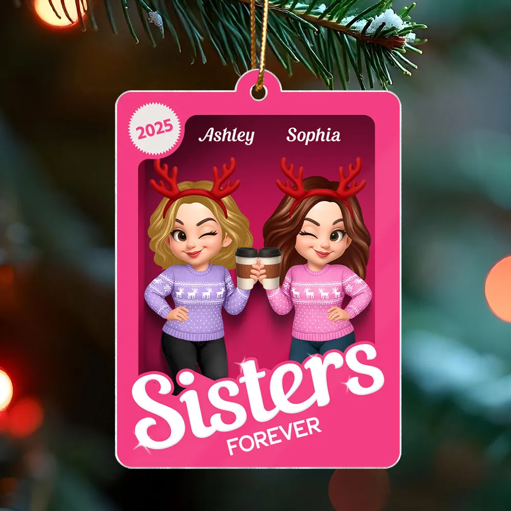 Christmas Besties Forever Pink 3D Effect Action Figure Personalized Acrylic Ornament - Image 4
