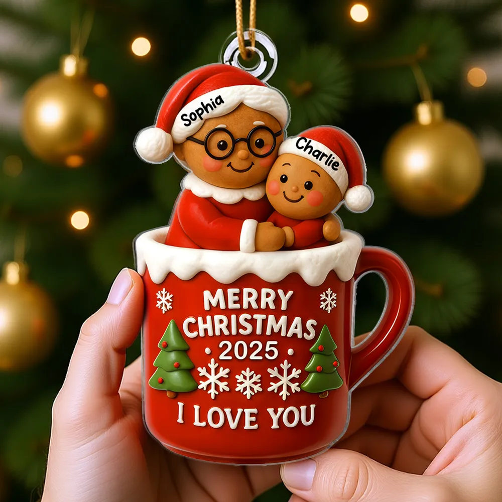Acrylic Ornament with Grandma and Child in Red Christmas Mug, Festive Holiday Décor and Perfect Gift for Family - Image 2