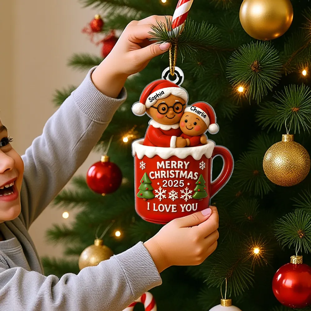 Acrylic Ornament with Grandma and Child in Red Christmas Mug, Festive Holiday Décor and Perfect Gift for Family - Image 4