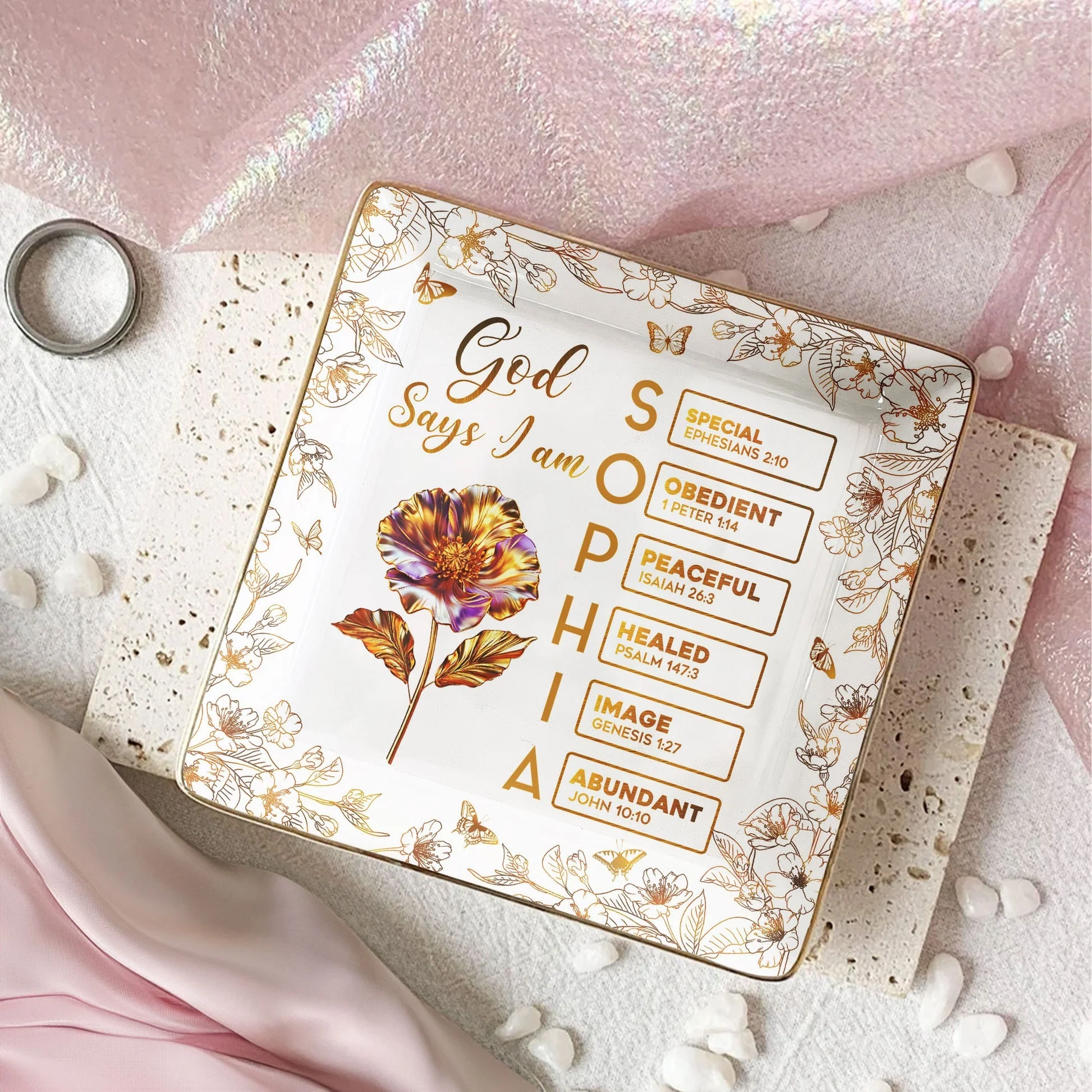 Jewelry Dish with Floral Scripture Design, Elegant Keepsake, Perfect Gift for Women - Image 3