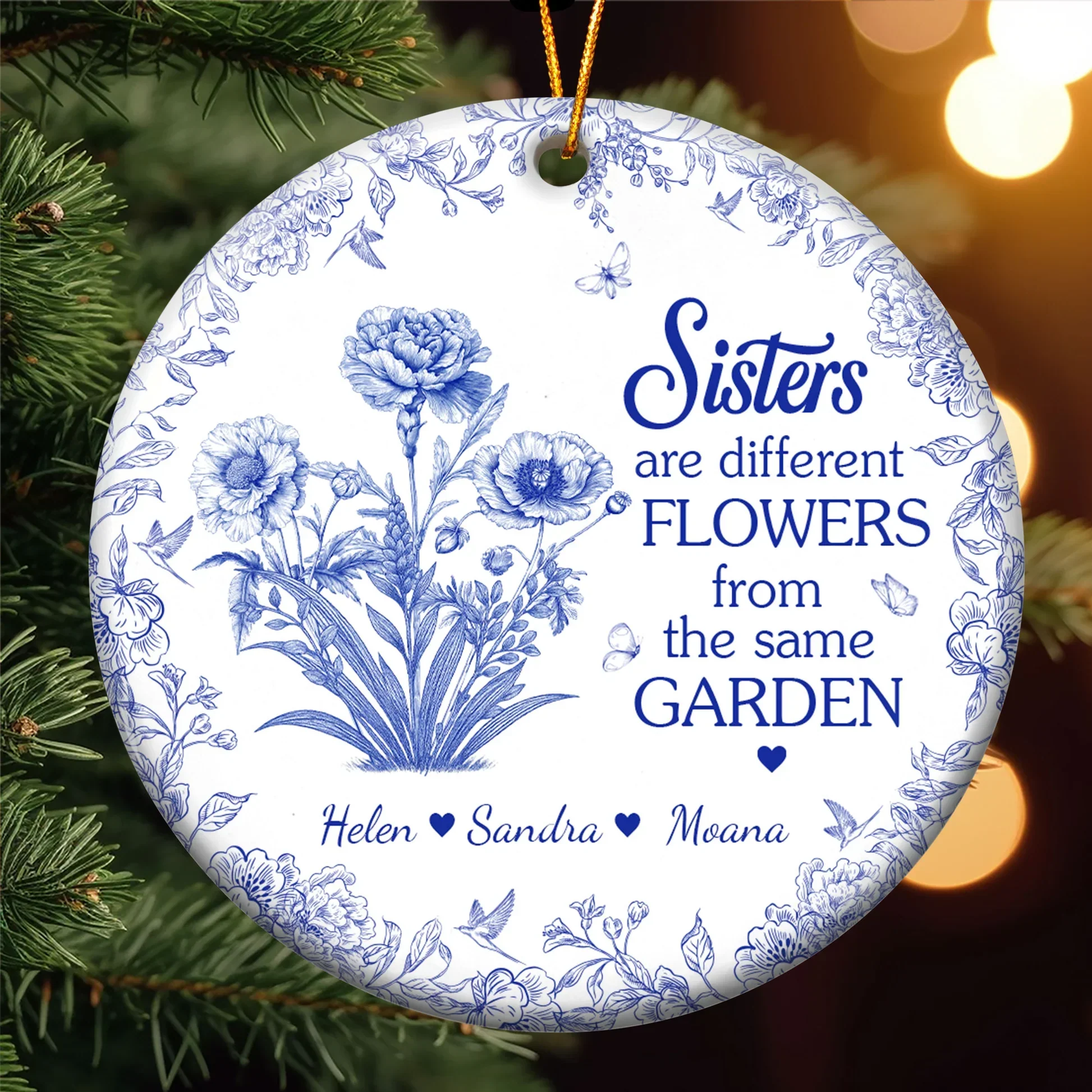 Sisters Ceramic Ornament with Blue Flower Pattern, Sentimental Home Décor and Gift-Ready Keepsake - Image 2