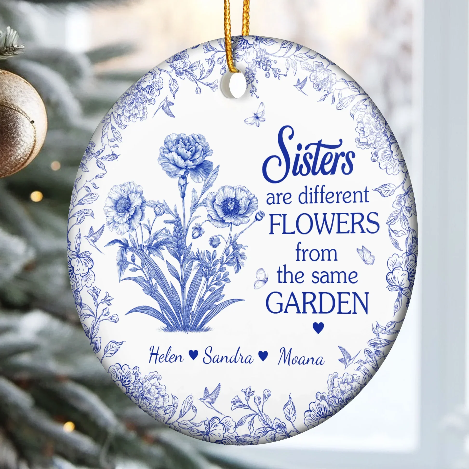 Sisters Ceramic Ornament with Blue Flower Pattern, Sentimental Home Décor and Gift-Ready Keepsake - Image 3