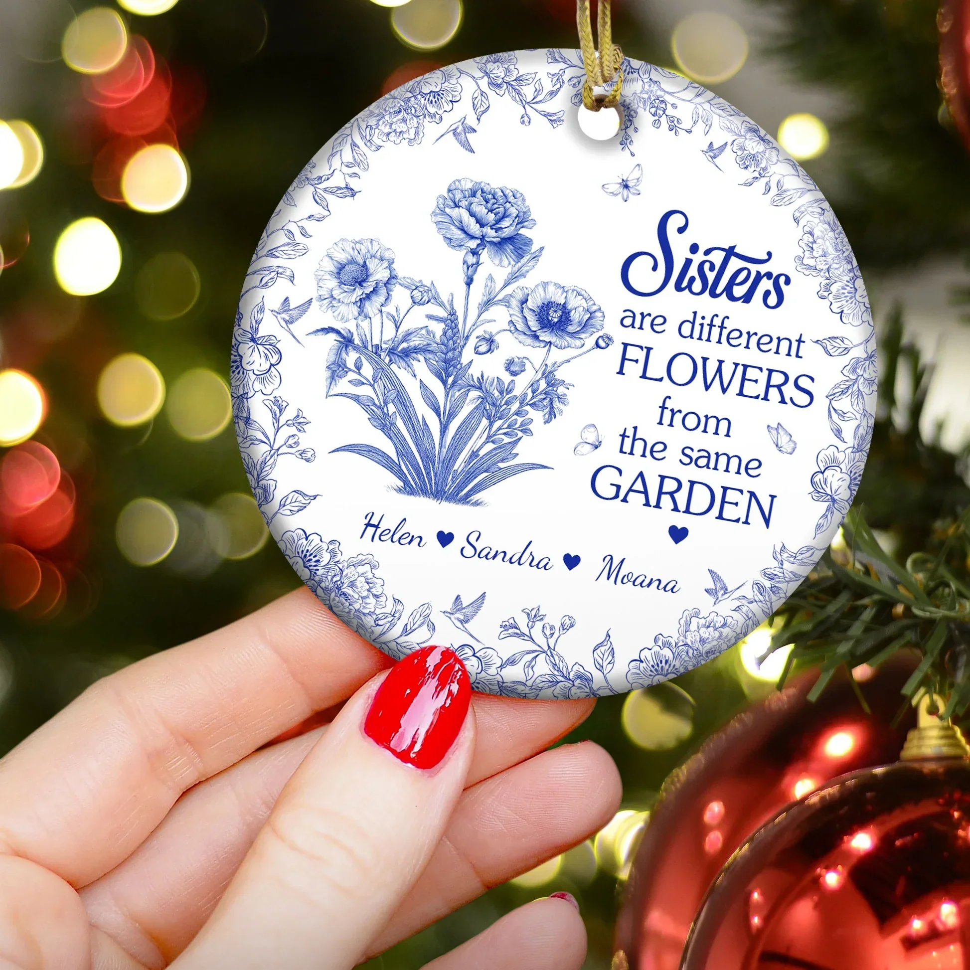 Sisters Ceramic Ornament with Blue Flower Pattern, Sentimental Home Décor and Gift-Ready Keepsake - Image 5