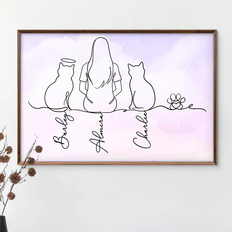 Minimalist Line Art Poster of Cats and Woman, Warm Pink Tone, Cozy Wall Art, Thoughtful Gift for Friendship and Home - Image 7