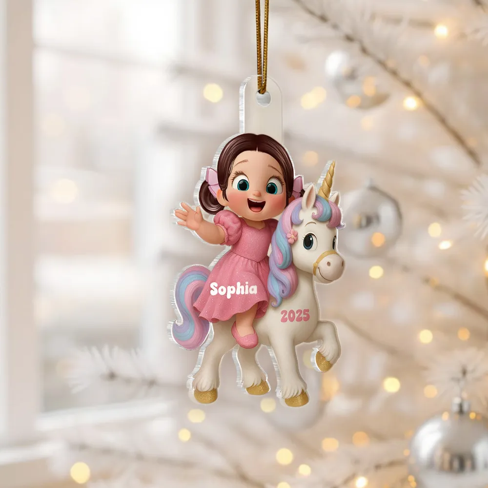 Acrylic Ornament with Girl & Unicorn Cartoon Design, Dreamy Pink Holiday Style, Perfect Gift for Kids and Family - Image 4