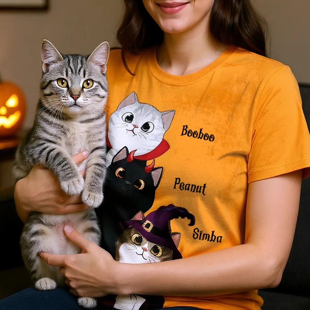 Classic Tee with Whimsical Cat Print, Halloween Vibes, Heartwarming Gift Option for Friends - Image 2