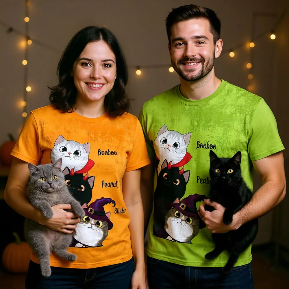 Classic Tee with Whimsical Cat Print, Halloween Vibes, Heartwarming Gift Option for Friends - Image 5