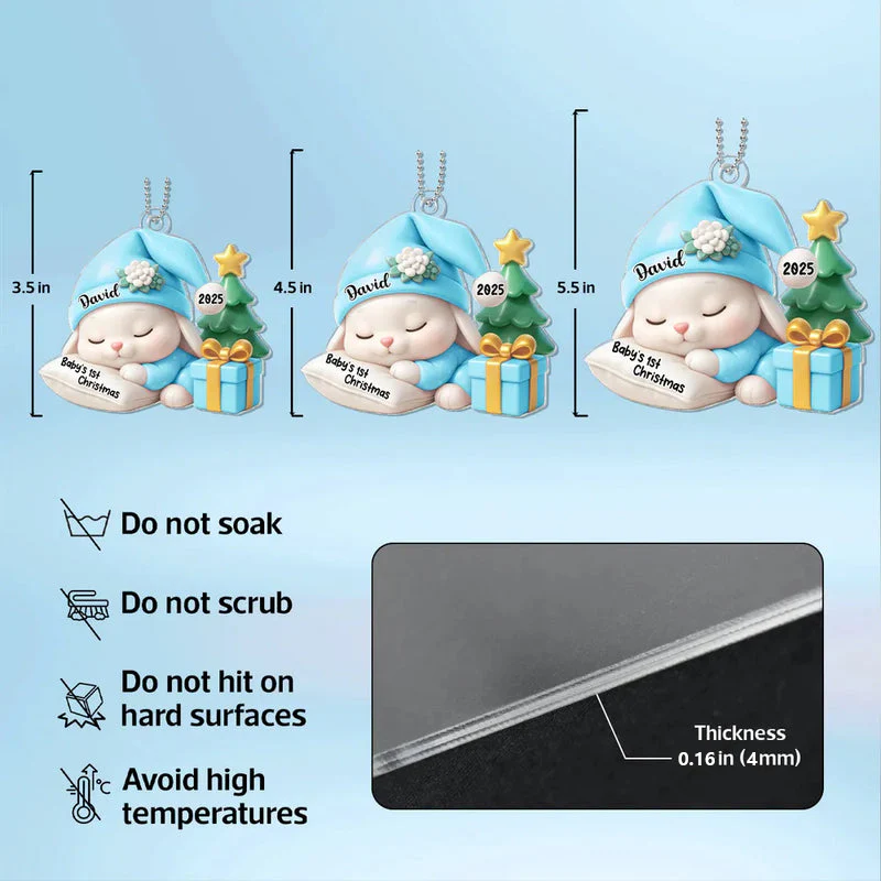 Acrylic Ornament for Baby’s First Christmas – sleeping bunny with tree and gift, pastel blue, gift-ready keepsake for new parents - Image 4