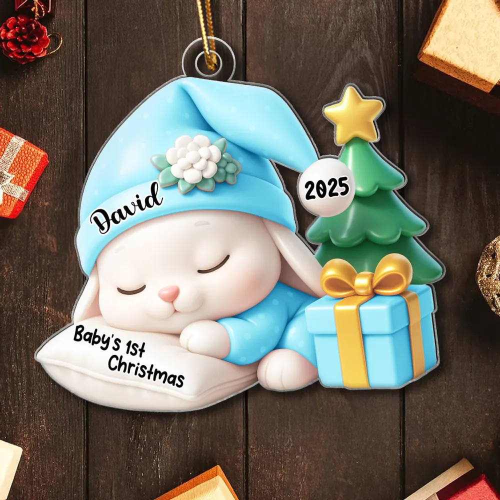 Acrylic Ornament for Baby’s First Christmas – sleeping bunny with tree and gift, pastel blue, gift-ready keepsake for new parents - Image 5