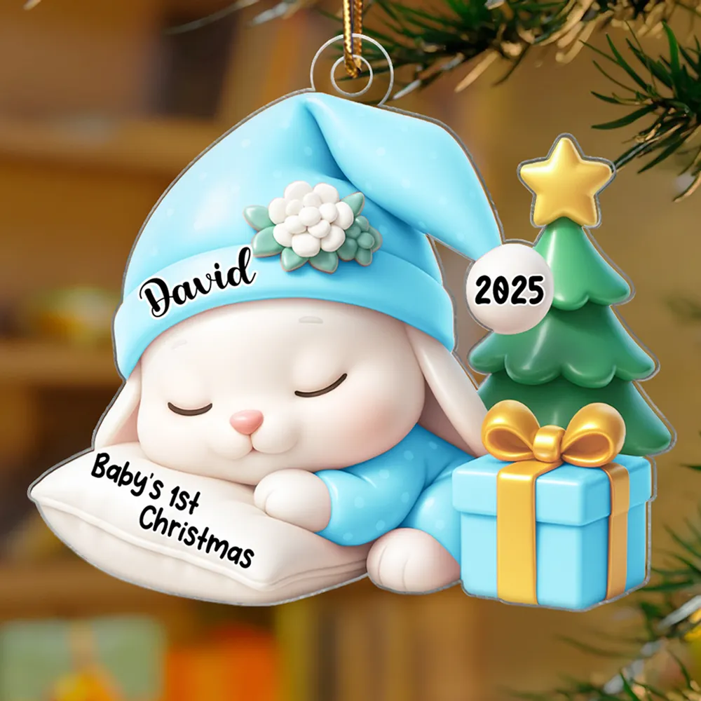 Acrylic Ornament for Baby’s First Christmas – sleeping bunny with tree and gift, pastel blue, gift-ready keepsake for new parents - Image 7