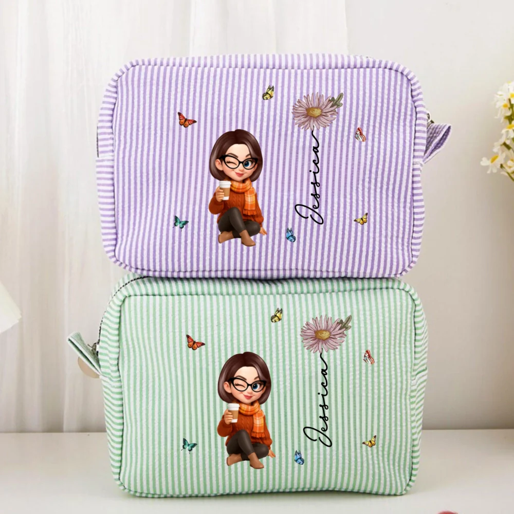 Stripes Makeup Bag with Cartoon Character Design, Portable Storage, Perfect Gift for Women - Image 3