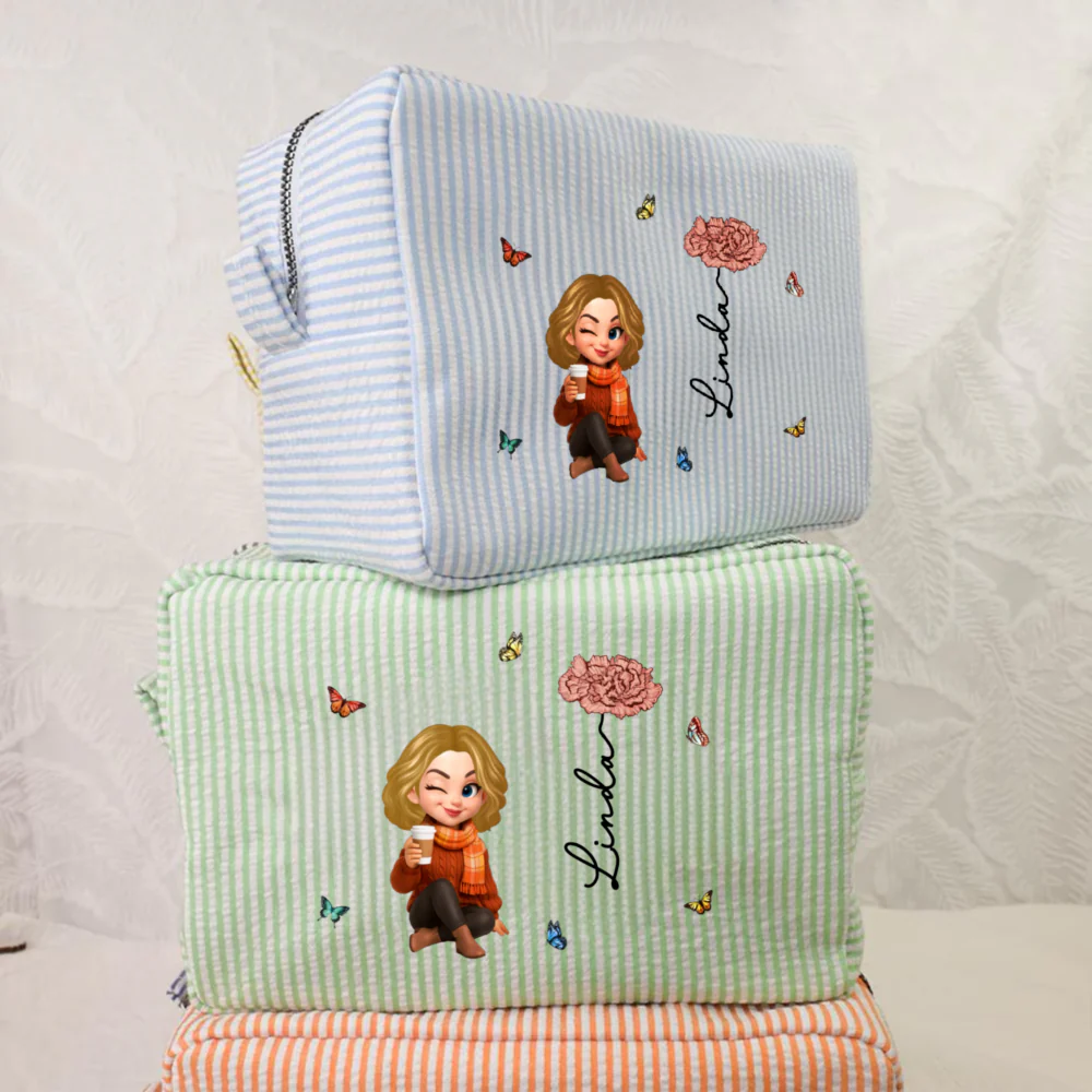 Stripes Makeup Bag with Cartoon Character Design, Portable Storage, Perfect Gift for Women - Image 5