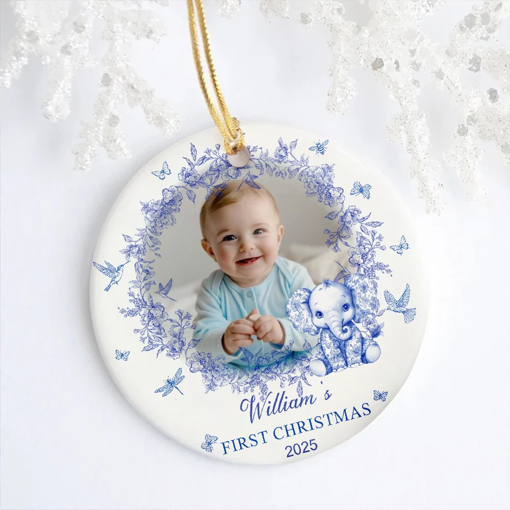 Ceramic Ornament with Baby’s First Christmas Theme, Blue Floral Wreath Design, Perfect Keepsake Gift for Newborn Celebration - Image 2