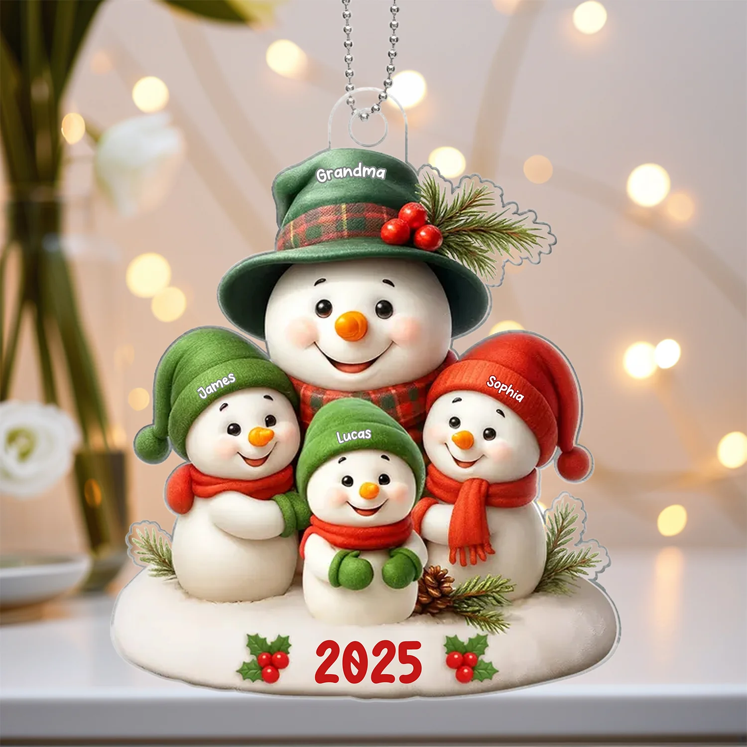 Acrylic Ornament Snowman Family Design for Holiday Décor, Warm Festive Accent, Gift-Ready for Grandma and Family