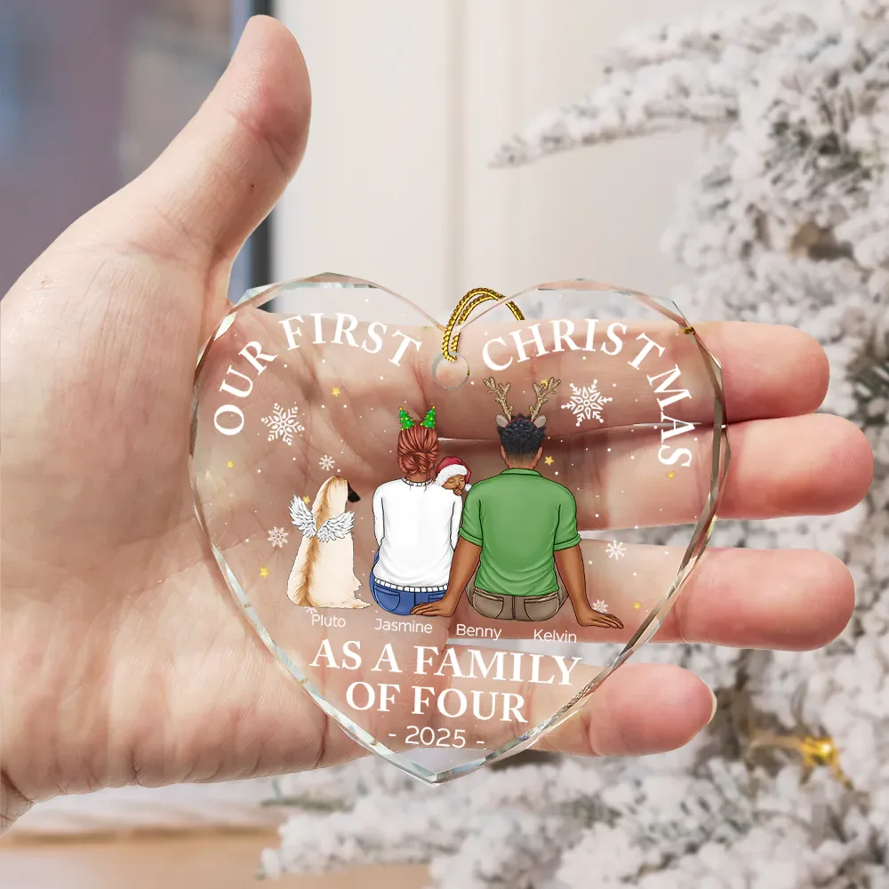 Crystal Heart Ornament for Christmas tree, cozy couple illustration with little one, keepsake, gift-ready for new parents and families - Image 3