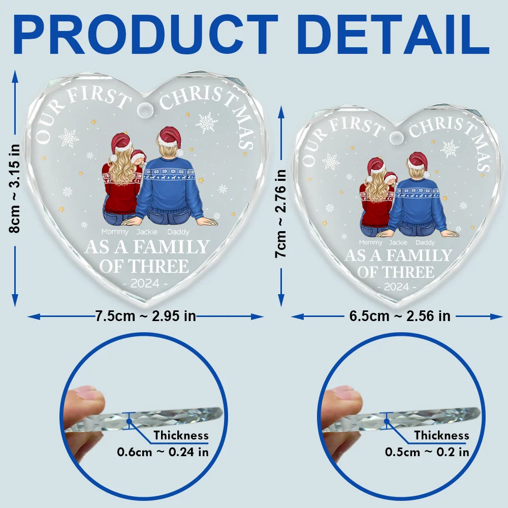 Crystal Heart Ornament for Christmas tree, cozy couple illustration with little one, keepsake, gift-ready for new parents and families - Image 4