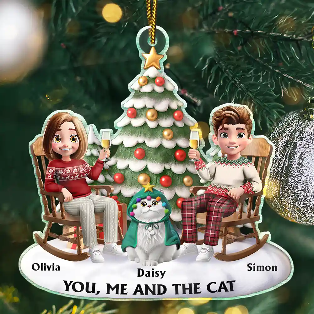 Acrylic Ornament featuring a couple and their cat under a festive tree – warm, photo-friendly décor and a perfect gift for cat-loving families - Image 2