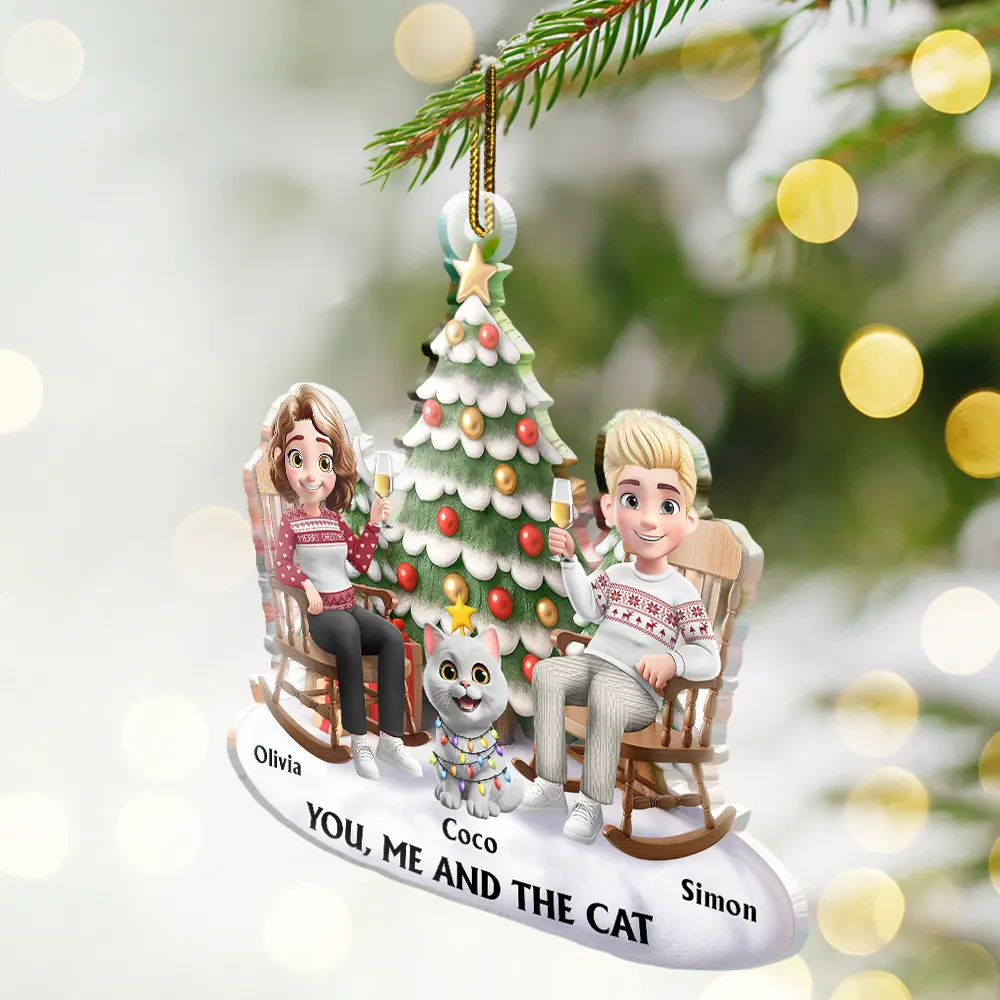 Acrylic Ornament featuring a couple and their cat under a festive tree – warm, photo-friendly décor and a perfect gift for cat-loving families - Image 3