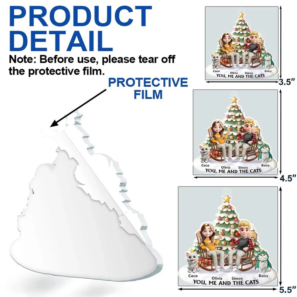 Acrylic Ornament featuring a couple and their cat under a festive tree – warm, photo-friendly décor and a perfect gift for cat-loving families - Image 4