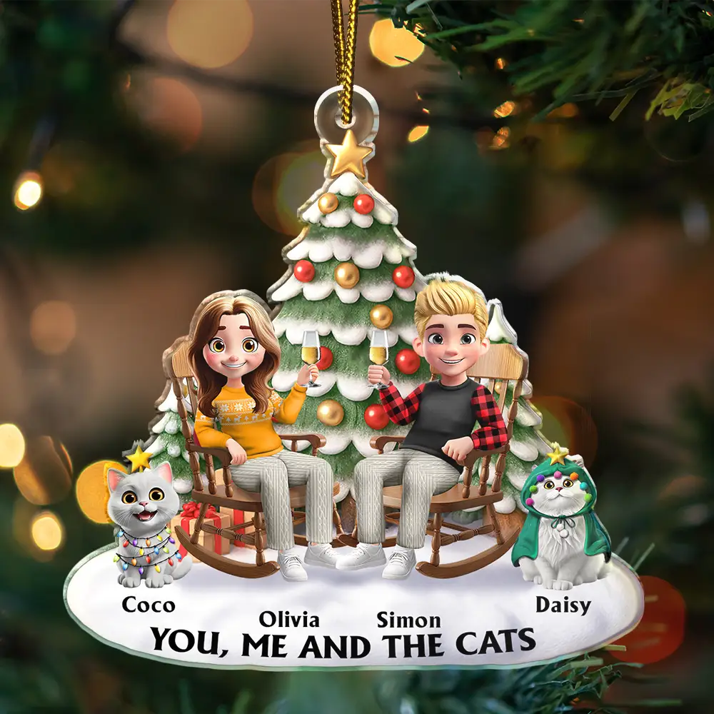 Acrylic Ornament featuring a couple and their cat under a festive tree – warm, photo-friendly décor and a perfect gift for cat-loving families - Image 5