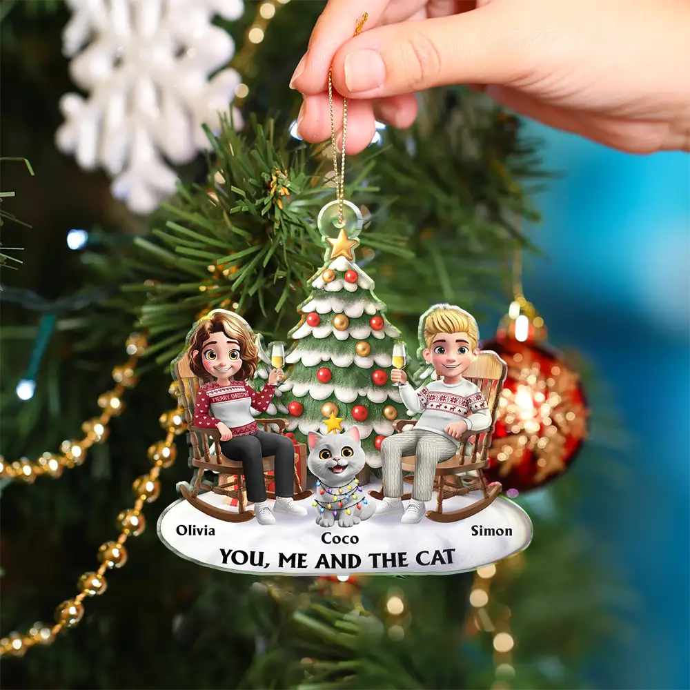 Acrylic Ornament featuring a couple and their cat under a festive tree – warm, photo-friendly décor and a perfect gift for cat-loving families - Image 6