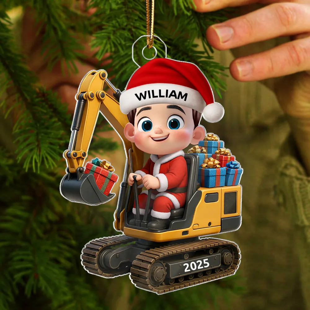Christmas Acrylic Ornament with Cute Excavator and Santa Kid β Festive Decoration & Perfect Gift for Children - Image 9