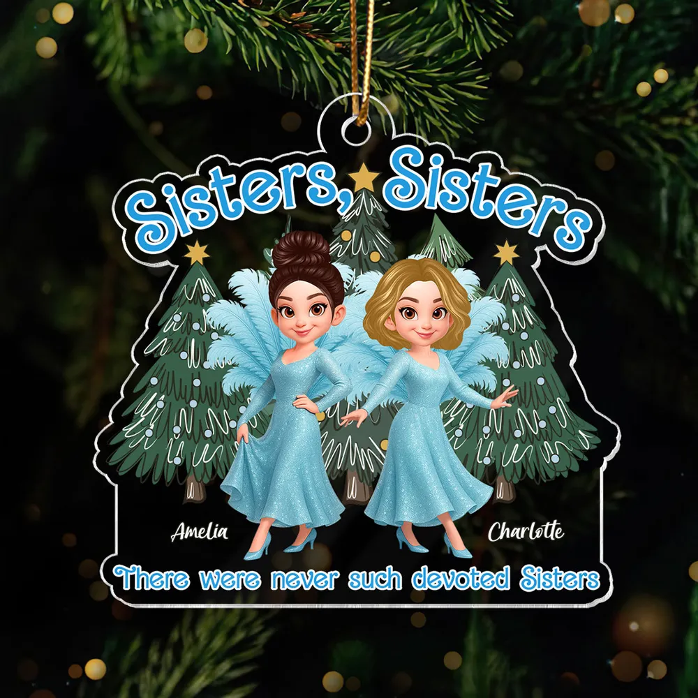 Personalized Sisters Acrylic Ornament featuring glitter blue dress design, holiday decoration and keepsake gift - Image 9