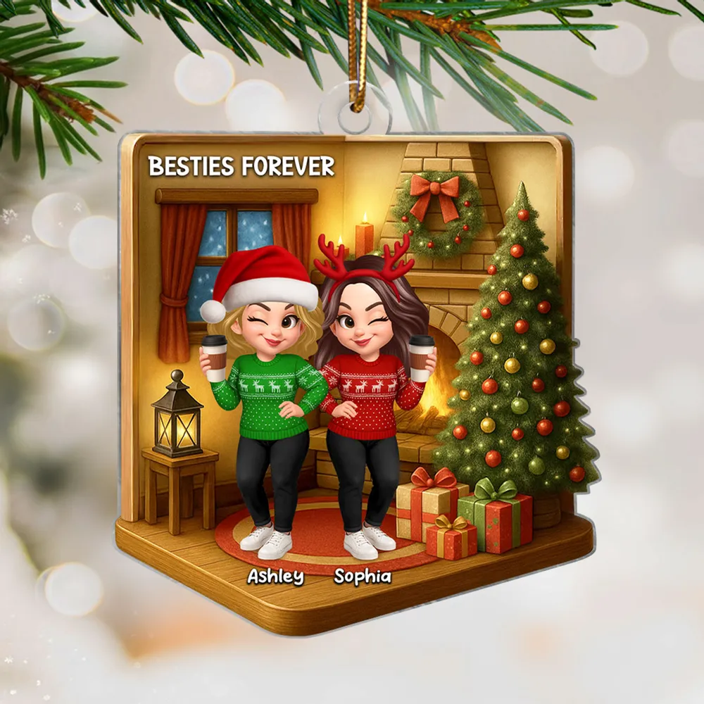 Custom Best Friends Christmas Ornament - Cozy Fireplace Design - Image 2