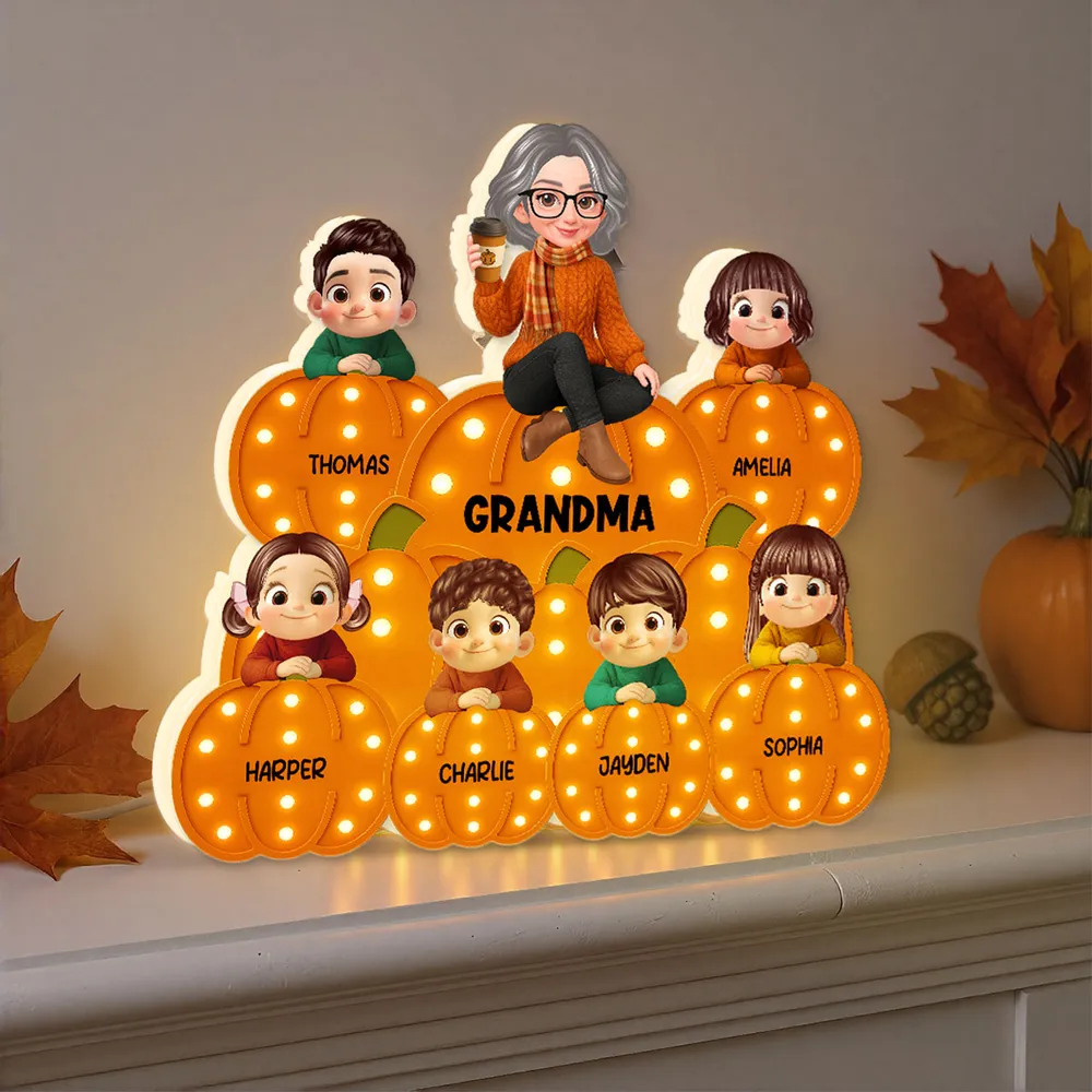 Personalized Acrylic Light Box for Grandma and Grandkids, pumpkin stack design, warm glow, fall décor keepsake, perfect gift for Halloween and Thanksgiving - Image 6