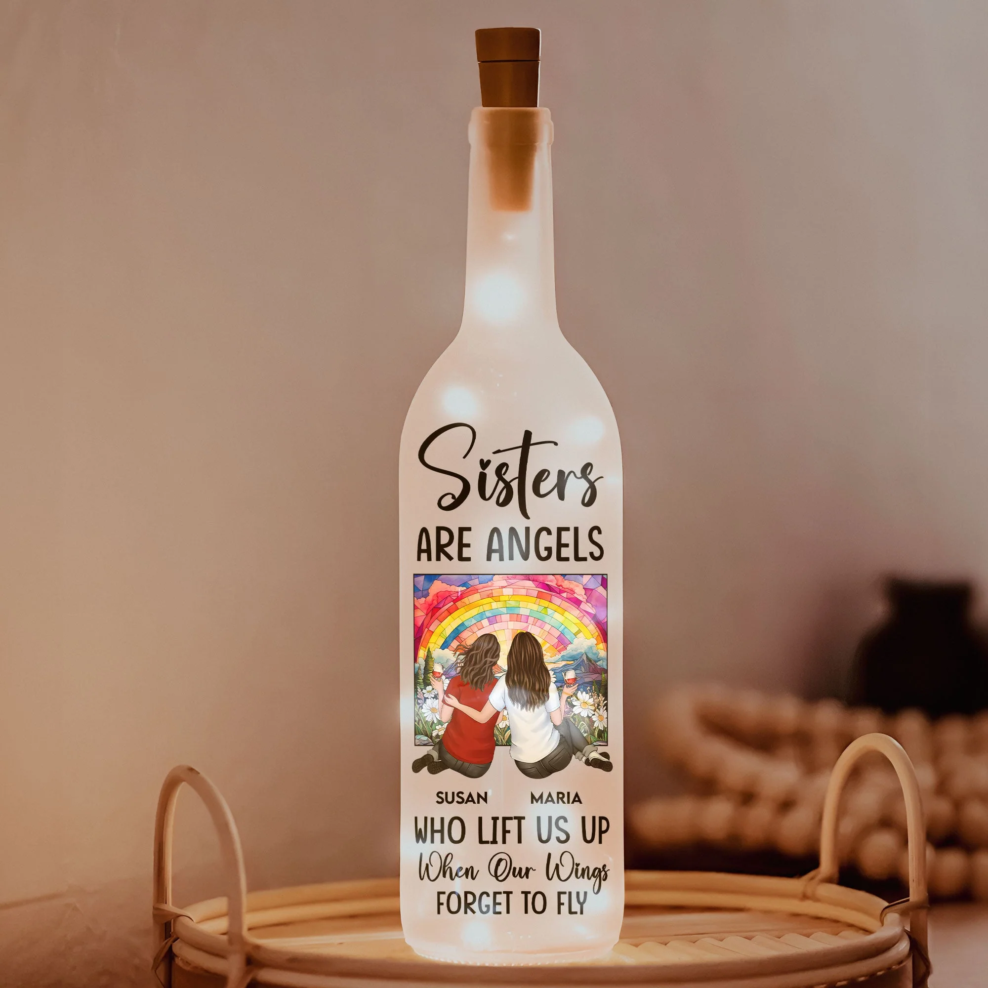 Bottle Lamp Sisters Are Angels design – warm decorative light with soft glow, meaningful home décor for shared memories, gift-ready for best friends and sisters - Image 4