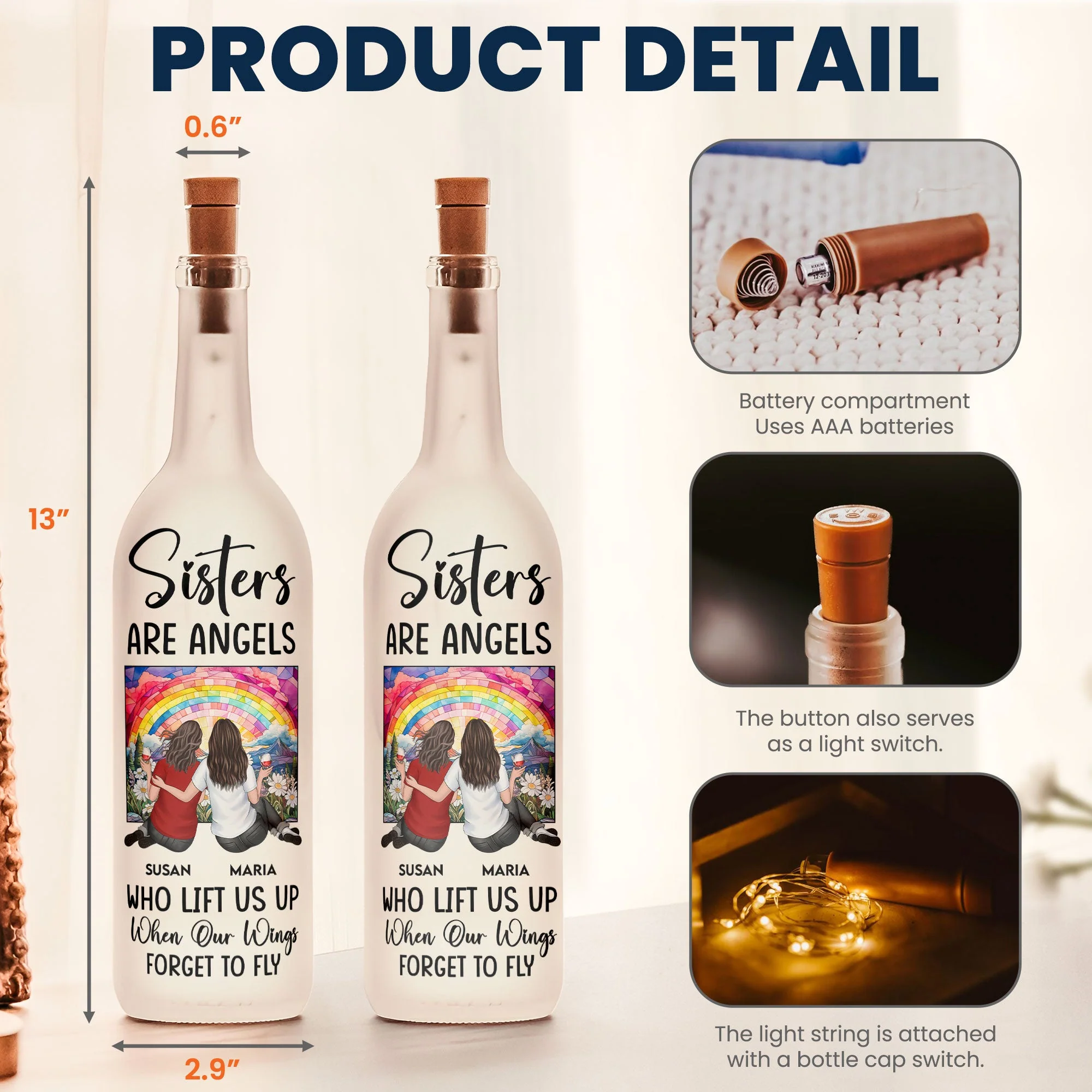 Bottle Lamp Sisters Are Angels design – warm decorative light with soft glow, meaningful home décor for shared memories, gift-ready for best friends and sisters - Image 5