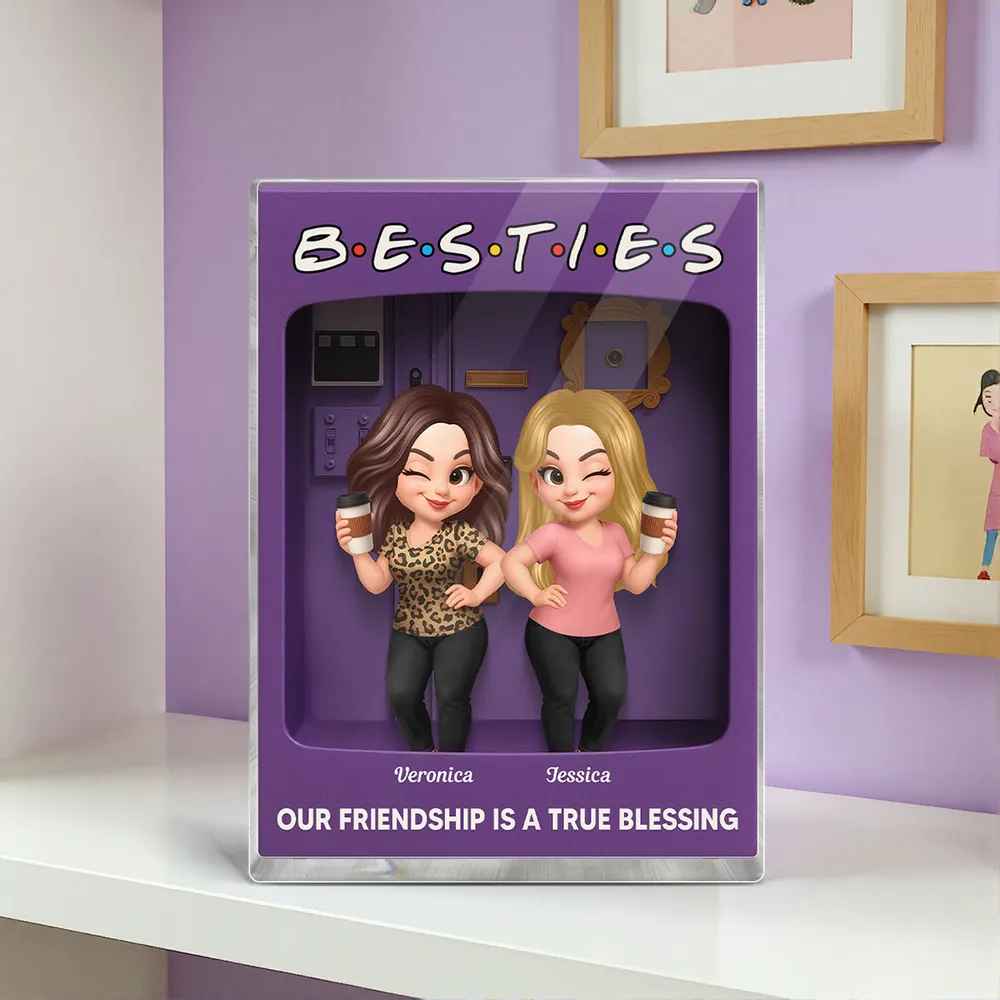 Rectangle Acrylic Block Plaque for Besties — cute characters holding coffee, purple backdrop, perfect friendship gift for birthdays, holidays, and everyday smiles - Image 5