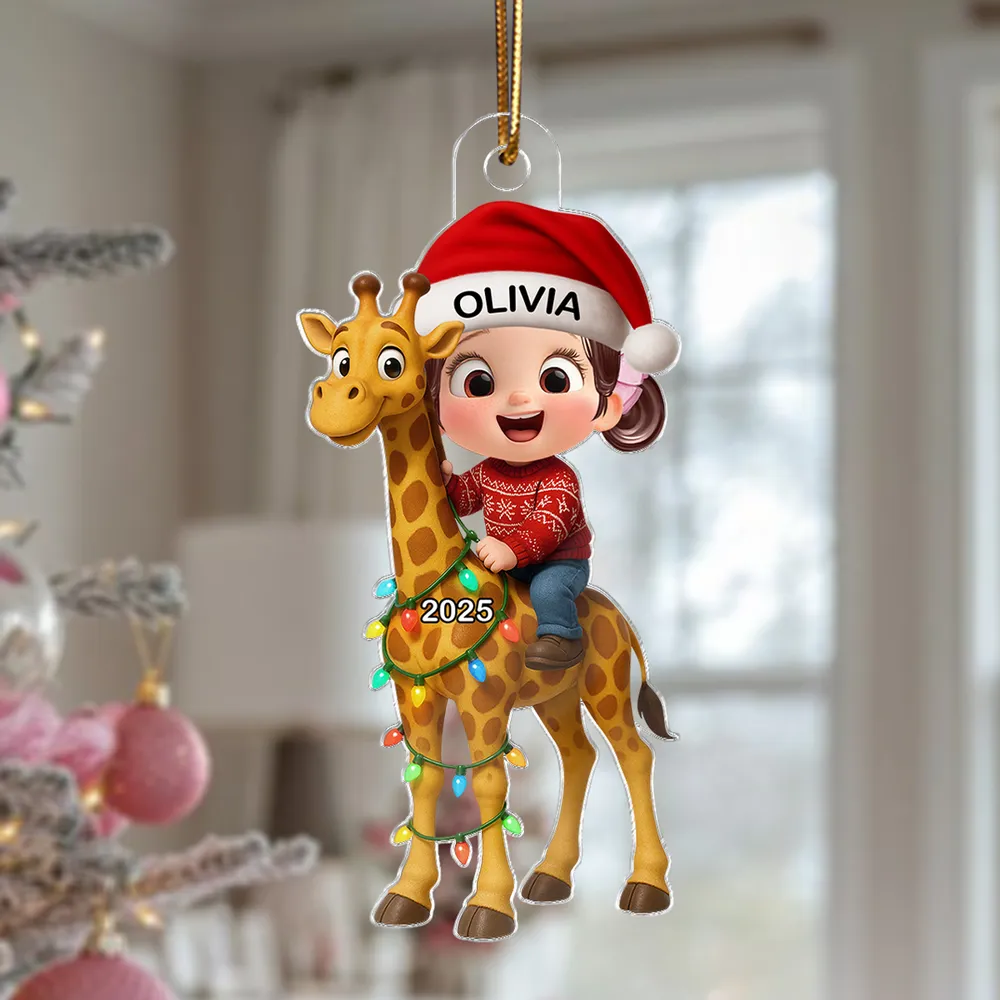 Cute Acrylic Ornament of Boy with Giraffe, Holiday Cheer, Gift-Ready Keepsake for Family and Friends - Image 2