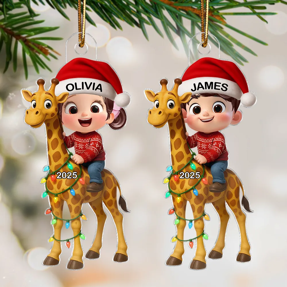 Cute Acrylic Ornament of Boy with Giraffe, Holiday Cheer, Gift-Ready Keepsake for Family and Friends - Image 3