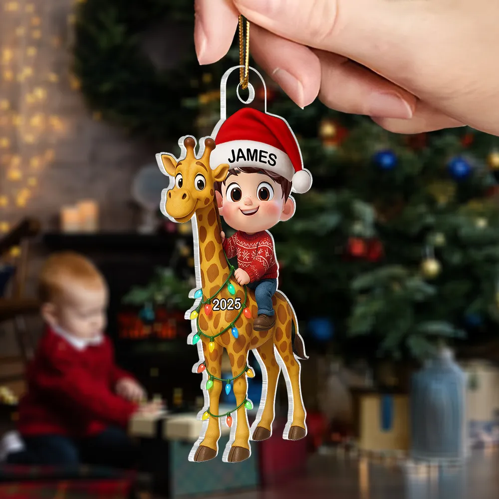 Cute Acrylic Ornament of Boy with Giraffe, Holiday Cheer, Gift-Ready Keepsake for Family and Friends - Image 5