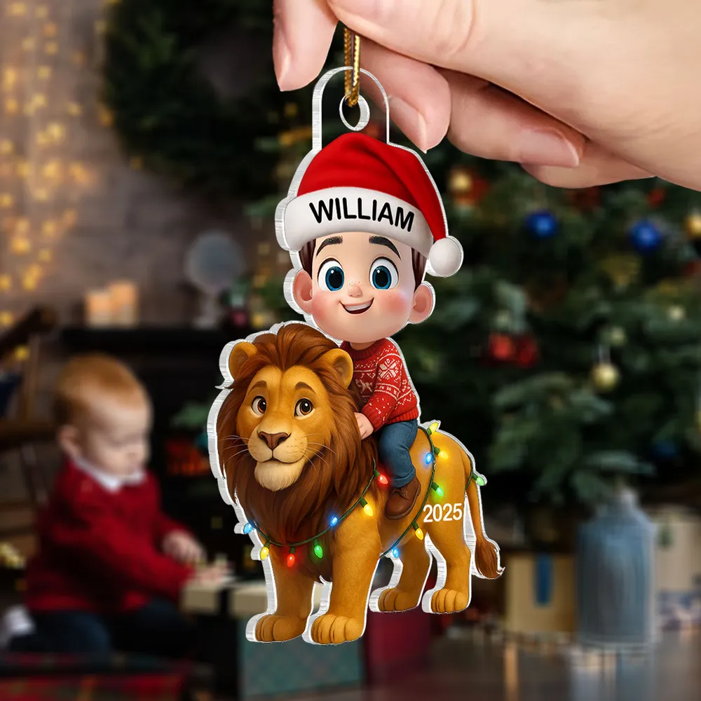 Christmas Acrylic Ornament with Cute Child Riding Lion, Festive Illustration, Perfect Gift for Kids - Image 5