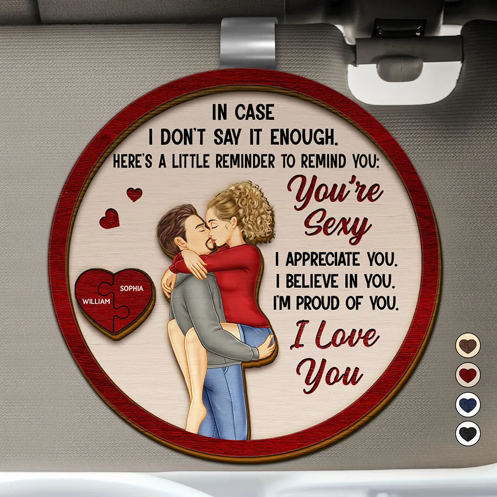 Wooden Car Visor Clip with Romantic Hug Illustration, Heartfelt Words of Love, Perfect Gift for Couples - Image 6