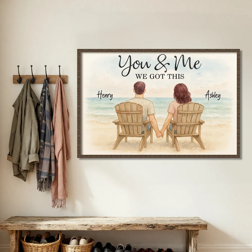 Romantic Seaside Poster, hand-in-hand couple illustration with gentle ocean background, warm modern wall art, heartfelt gift for partners or newlyweds - Image 4