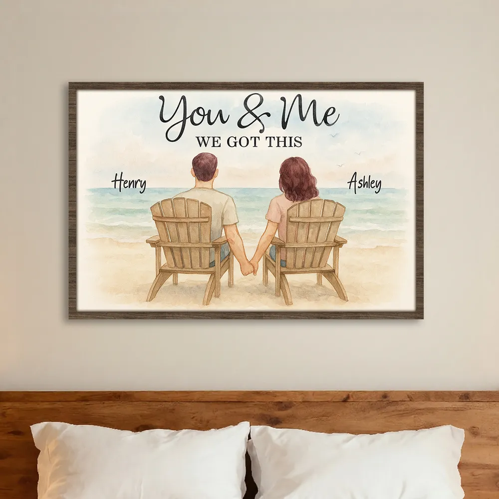 Romantic Seaside Poster, hand-in-hand couple illustration with gentle ocean background, warm modern wall art, heartfelt gift for partners or newlyweds - Image 6