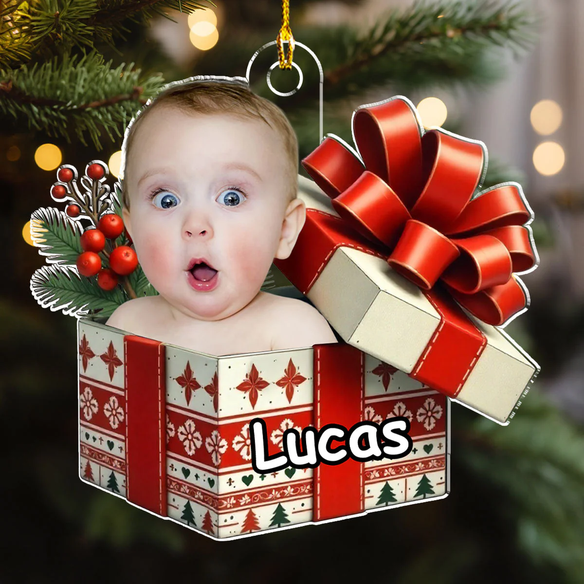 Acrylic Ornament Baby Gift Box Photo Cutout, Red Bow Keepsake, Unique Holiday Gift for New Parents & Grandparents