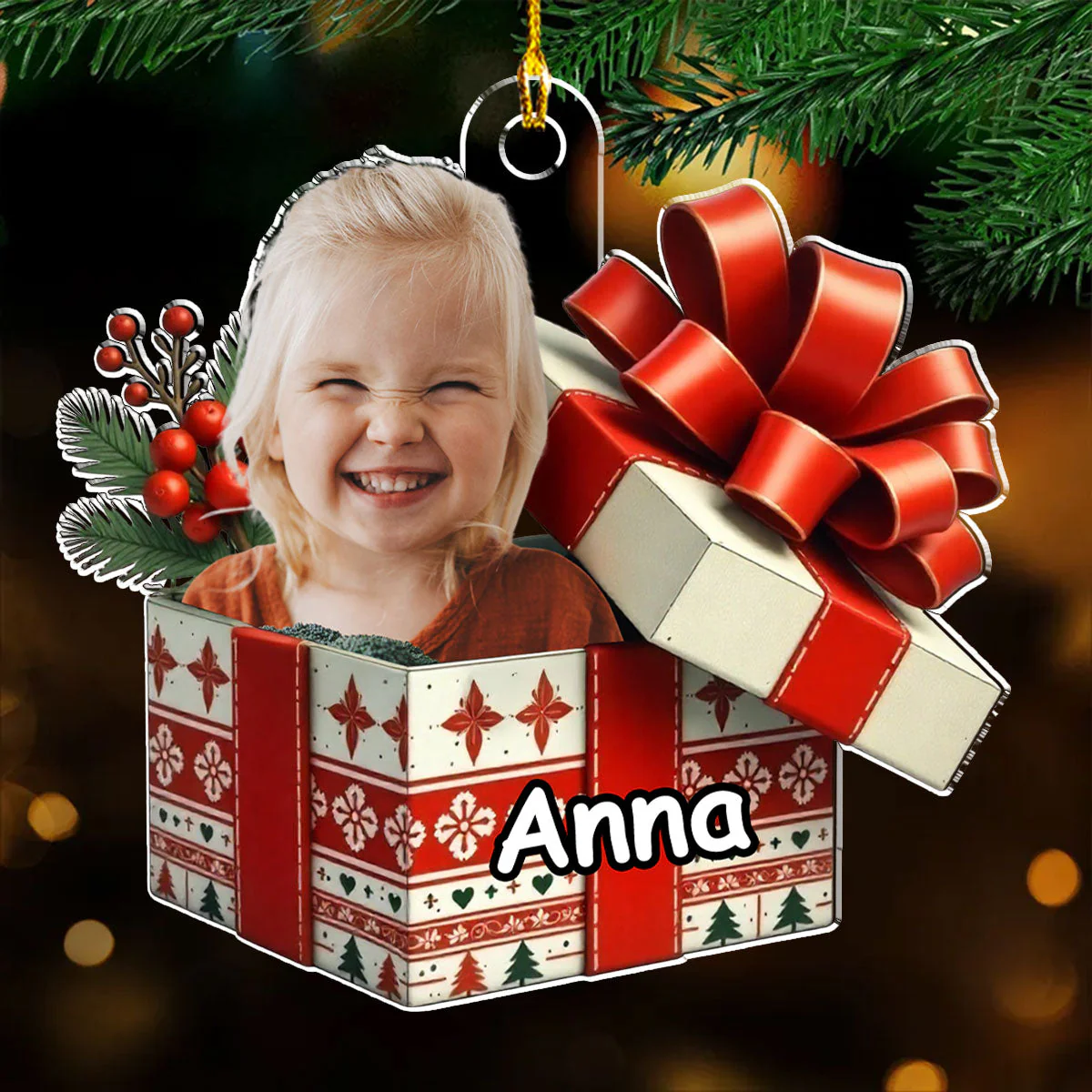 Acrylic Ornament Baby Gift Box Photo Cutout, Red Bow Keepsake, Unique Holiday Gift for New Parents & Grandparents - Image 2