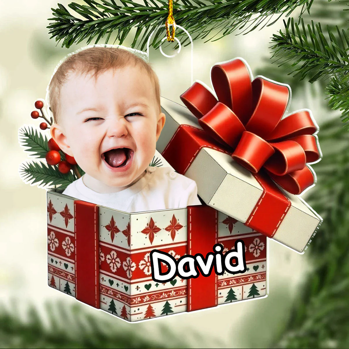 Acrylic Ornament Baby Gift Box Photo Cutout, Red Bow Keepsake, Unique Holiday Gift for New Parents & Grandparents - Image 3