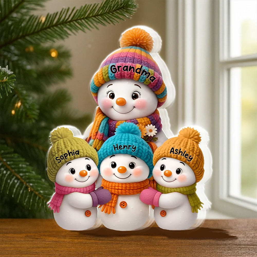 Shaped Acrylic Block Plaque Snowman Family – Cozy Winter Mantel Décor, heartwarming keepsake, perfect gift for Grandma