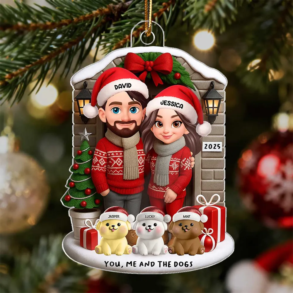 Acrylic Ornament featuring “You, Me and the Dogs” theme, festive sweaters, gifts and tree—perfect holiday gift for Couples and Dog Lovers - Image 6