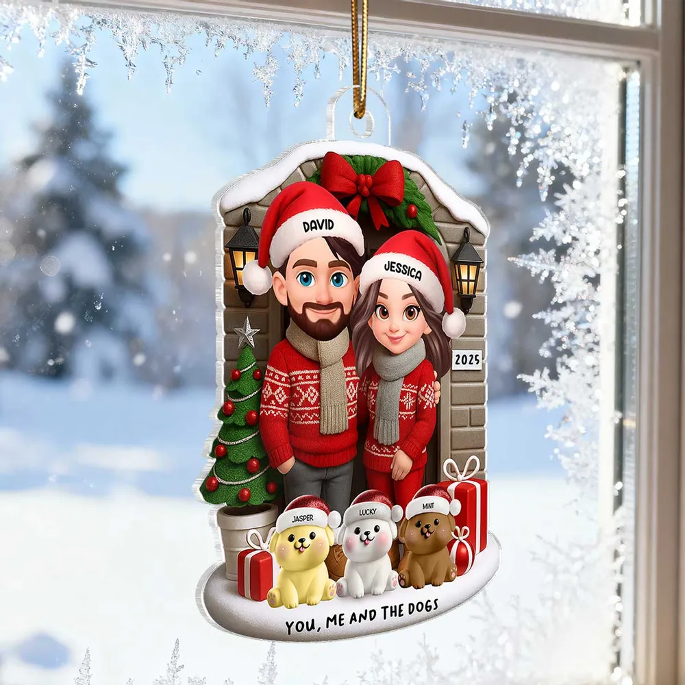 Acrylic Ornament featuring “You, Me and the Dogs” theme, festive sweaters, gifts and tree—perfect holiday gift for Couples and Dog Lovers - Image 7
