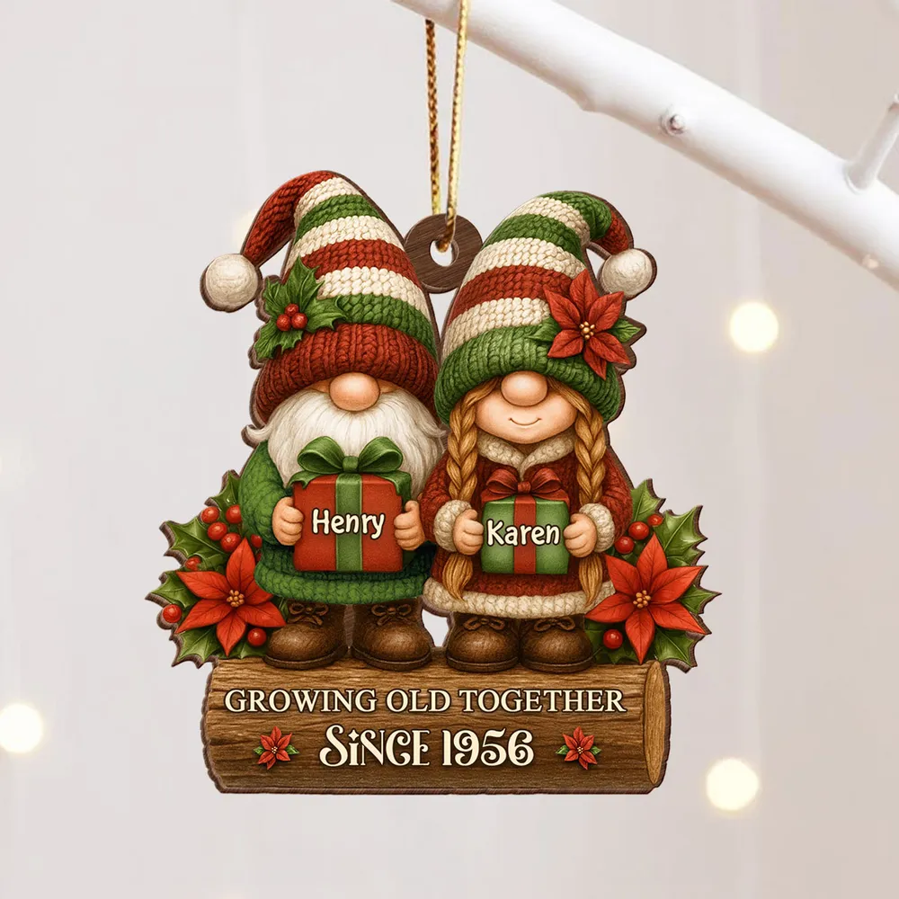 Wooden Ornament with Christmas Gnome Couple Holding Gifts, Clear Print, Perfect Holiday Gift for Couples - Image 6