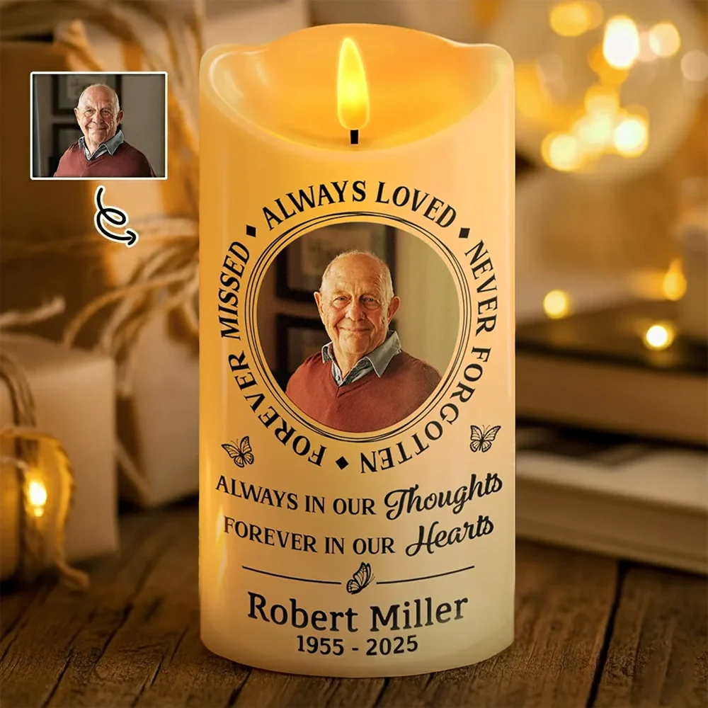 Personalized Photo Flameless LED Memorial Candle | Custom Name & Dates, Choose Your Quote | A Warm, Everlasting Sympathy Gift